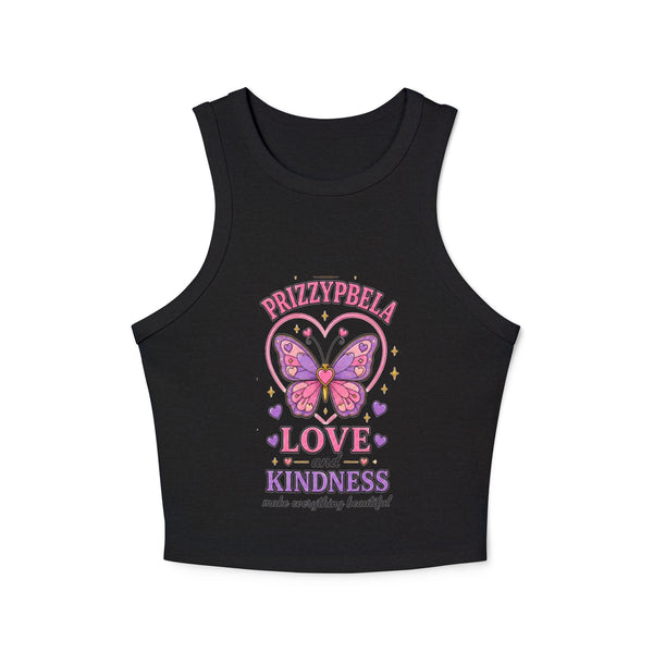@ Butterfly Love & Kindness Racer Tank — Women's Cropped Micro Rib Tank Top