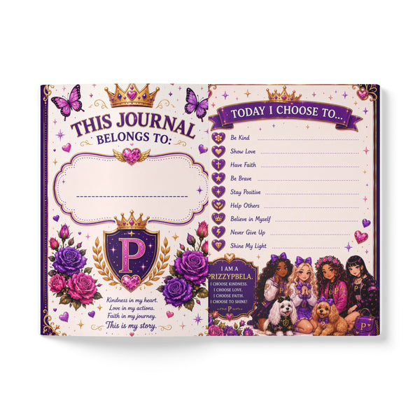 @ Prizzypbela Crowned Monogram Journal — Purple Floral "Kindness. Love. Faith." Notebook