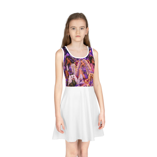 Girls' Sundress — Purple Princess Pop Art Tank Dress with Pups