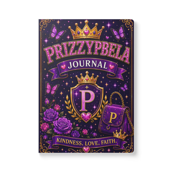 @ Prizzypbela Crowned Monogram Journal — Purple Floral "Kindness. Love. Faith." Notebook